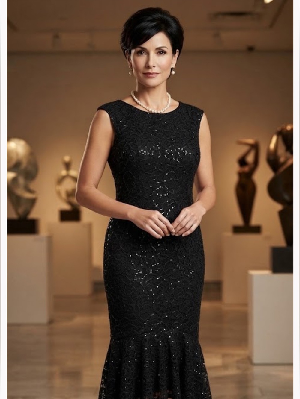 MARINA Black Sequin Lace Midi Dress